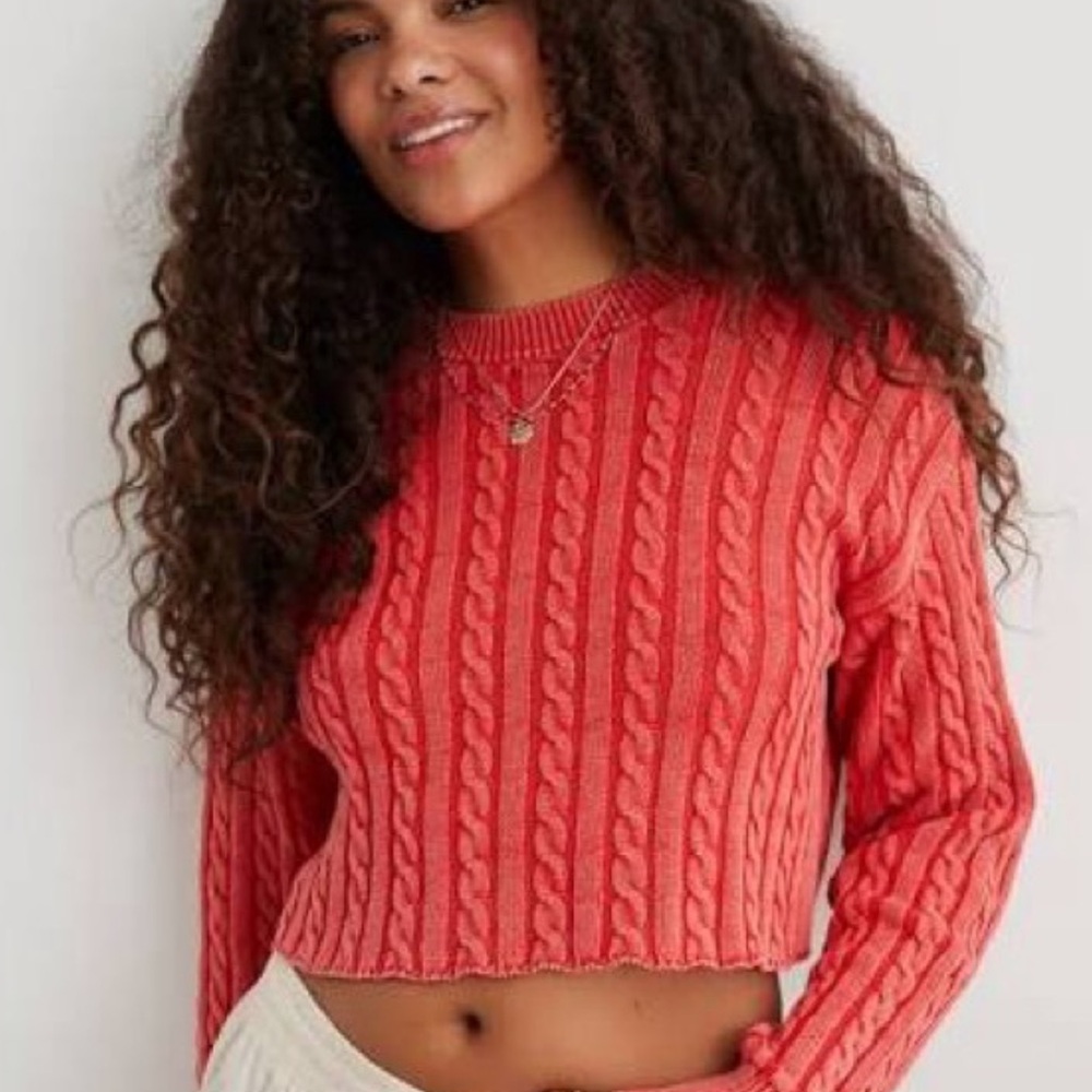 Aerie Coral/Red Cropped Cable Knit Sweater